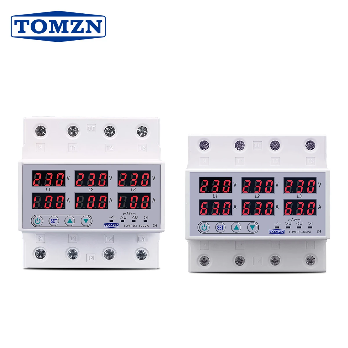 TOMZN 3-Phase Over/Under Voltage Protector - Adjustable Auto-Reconnect, DIN Rail